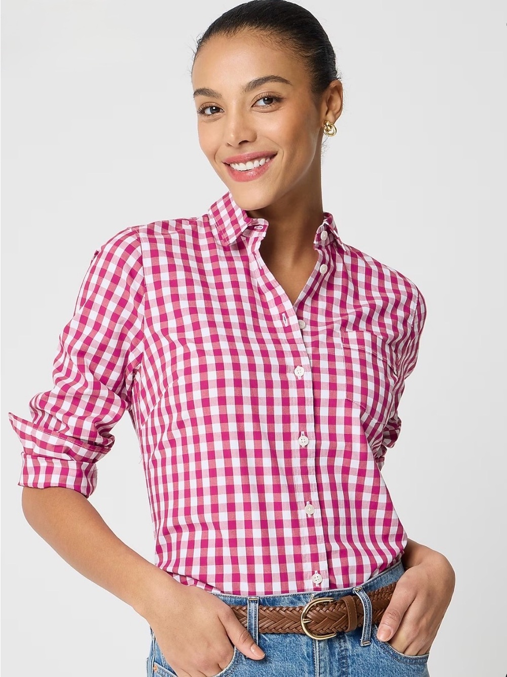 🌷J. Crew pink/white gingham button down shirt. Size XS.